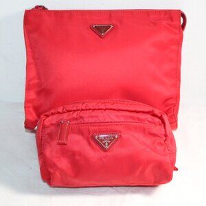 Prada Red Tessuto Re-Nylon Toiletry Cosmetic Zip Top Pouch Clutch 2 Piece Set